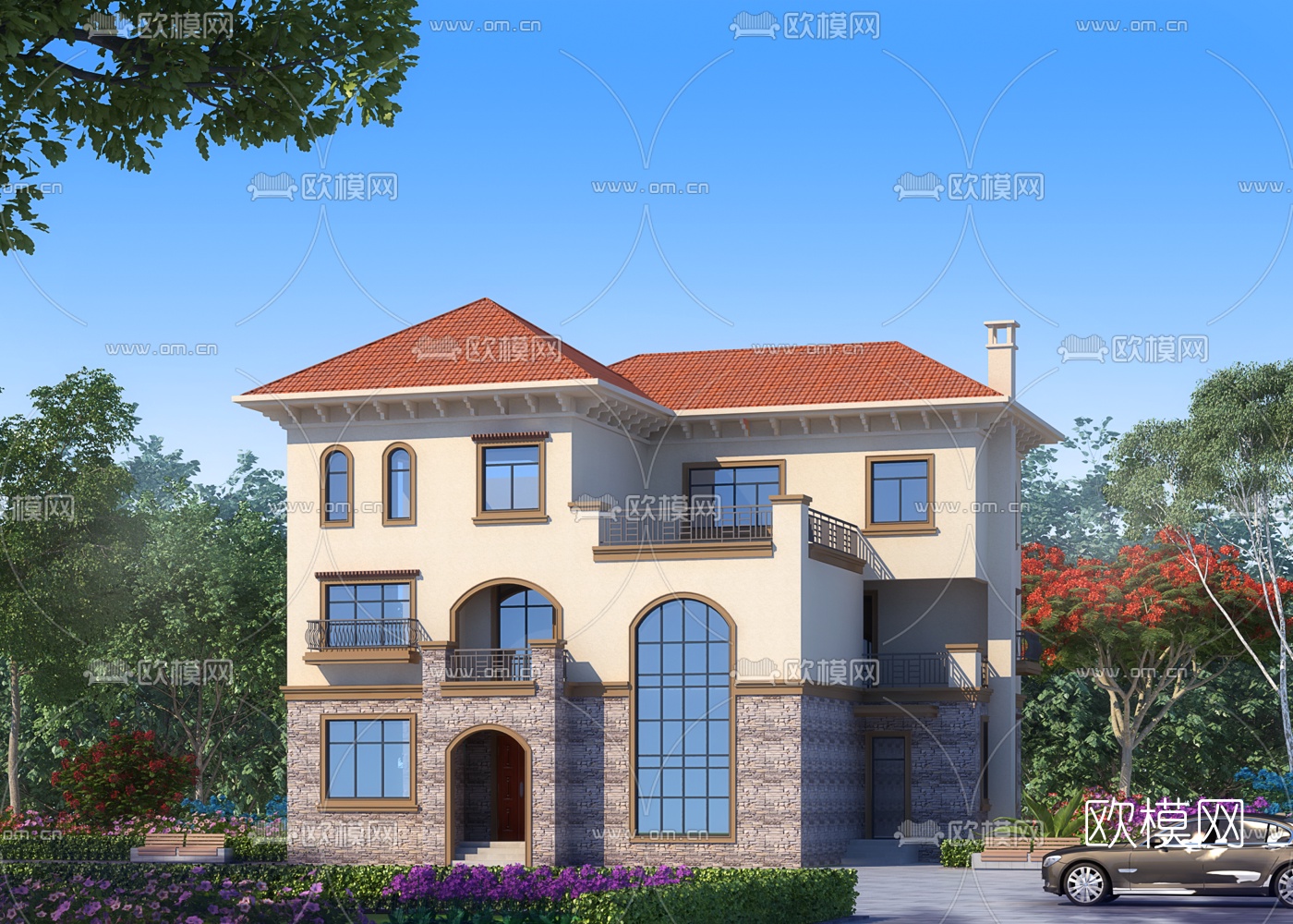 简欧独栋别墅外观3d模型下载