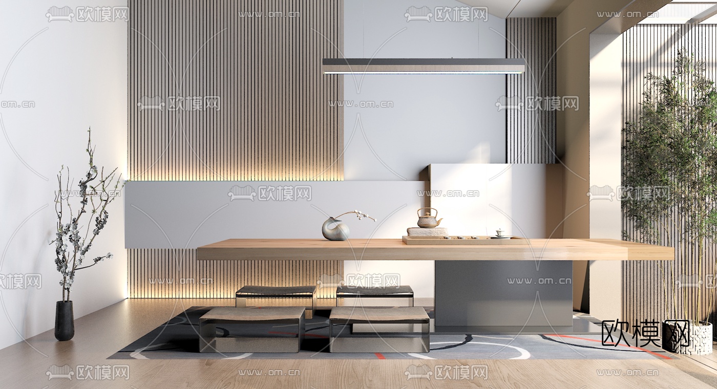 新中式木质茶桌椅3d模型
