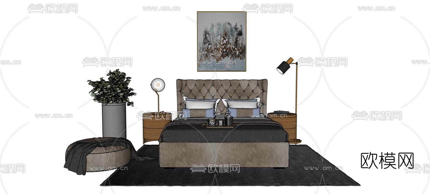 现代布艺双人床su模型下载（渲染图4）