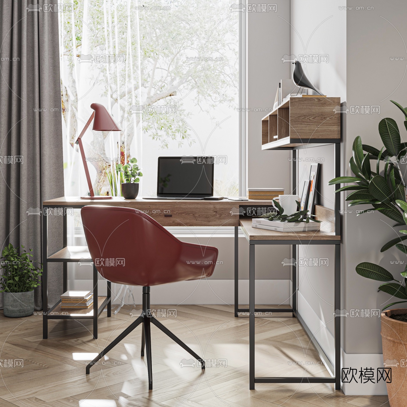 现代原木书桌椅3d模型下载（渲染图3）