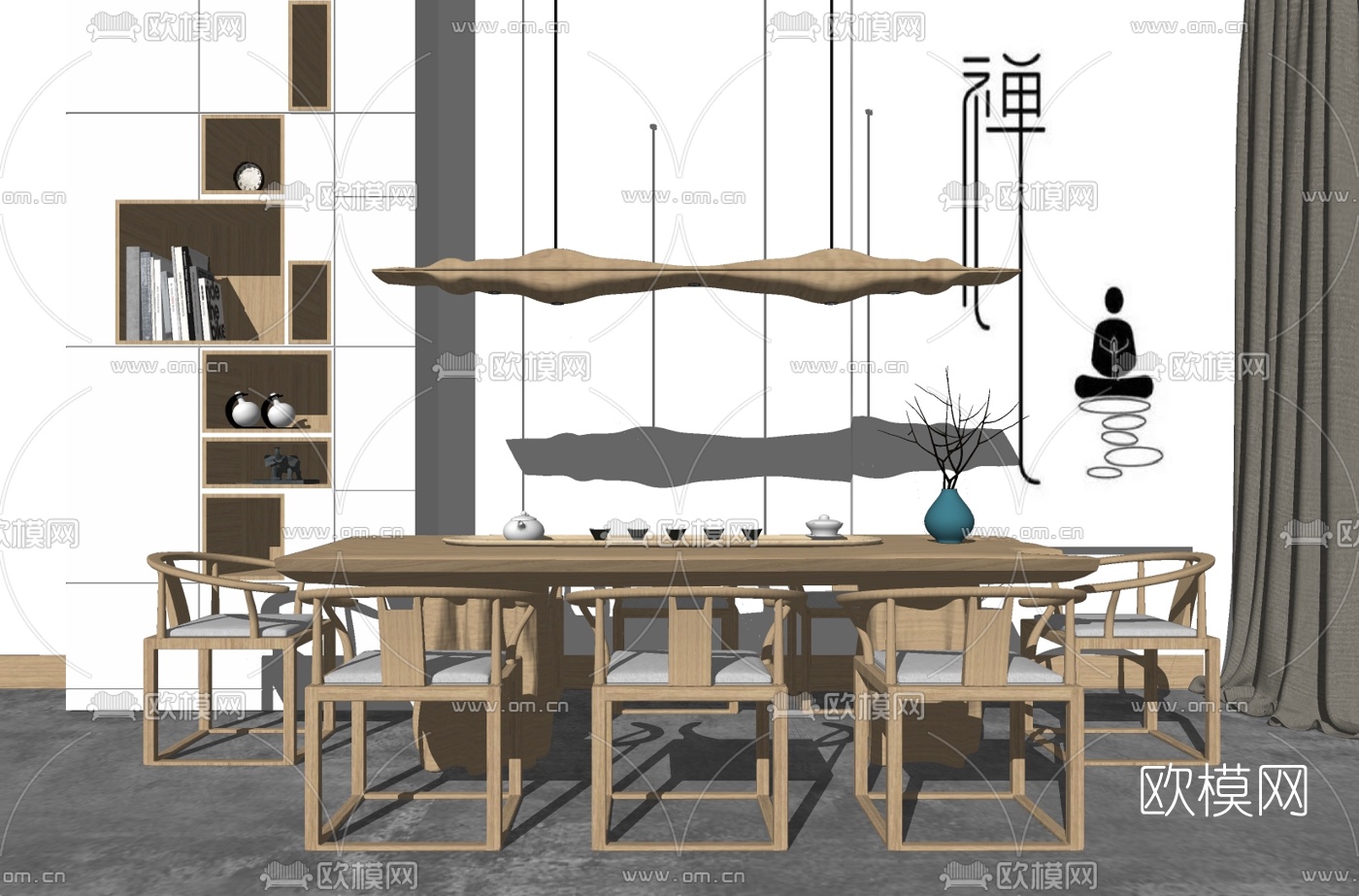 新中式茶桌椅su模型下载