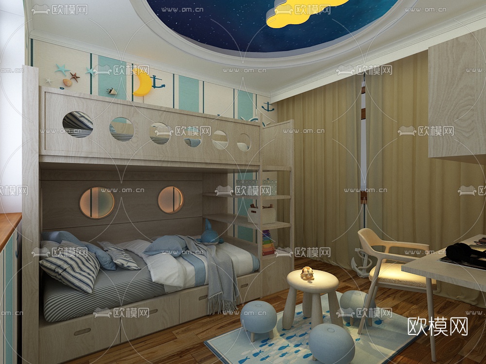 地中海儿童房免费3d模型下载（渲染图1）