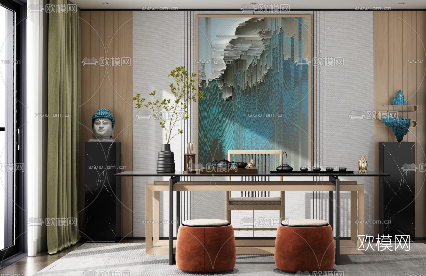 新中式方形茶桌椅3d模型