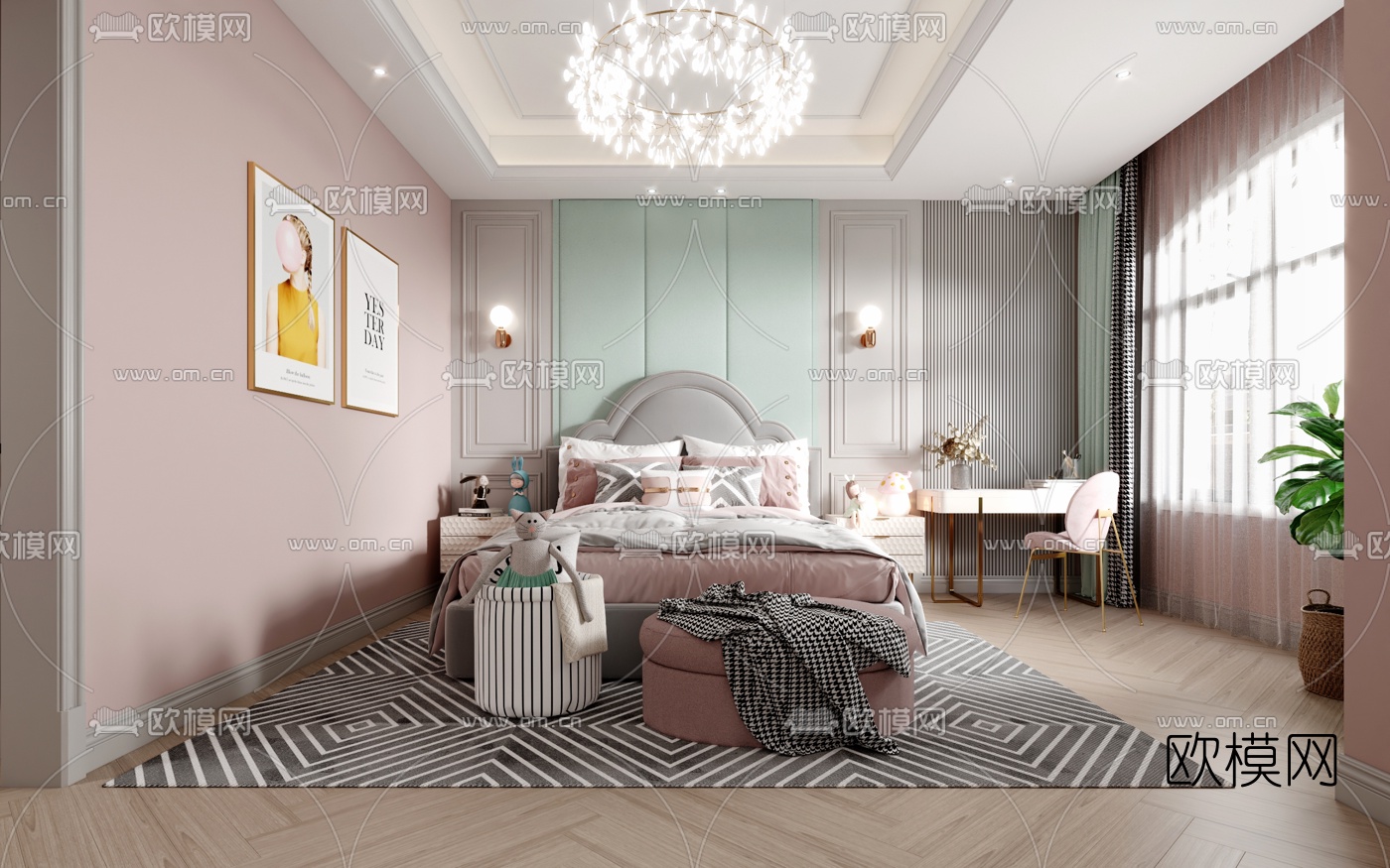 北欧卧室女孩房3d模型下载（渲染图1）