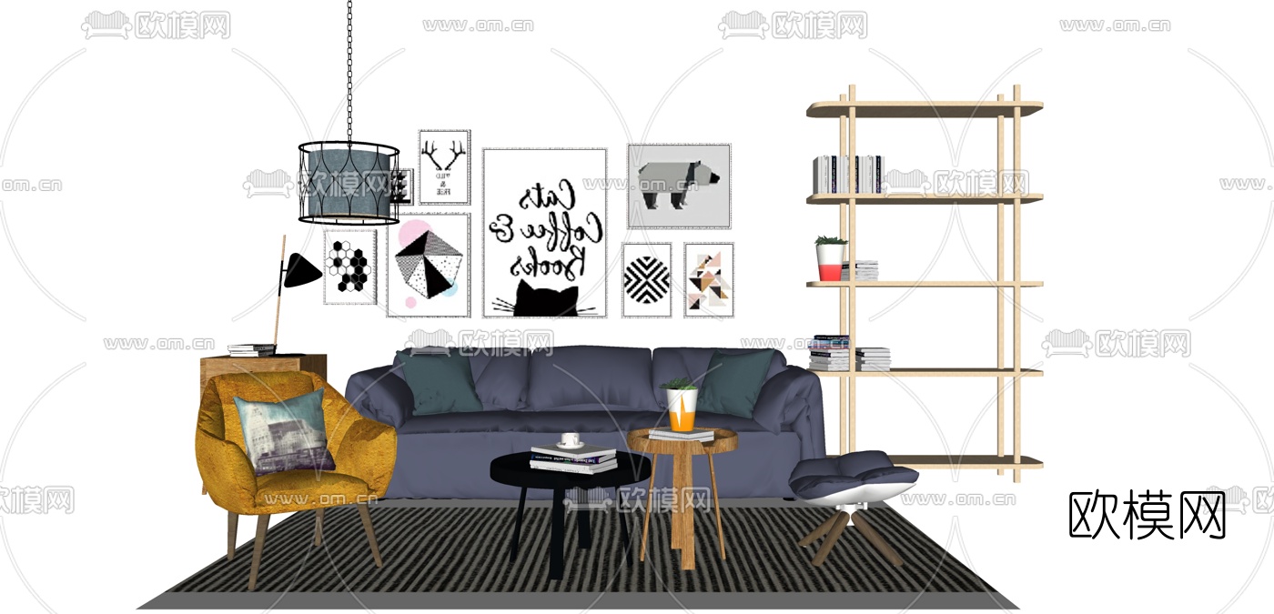 北欧布艺沙发组合su模型下载（渲染图1）