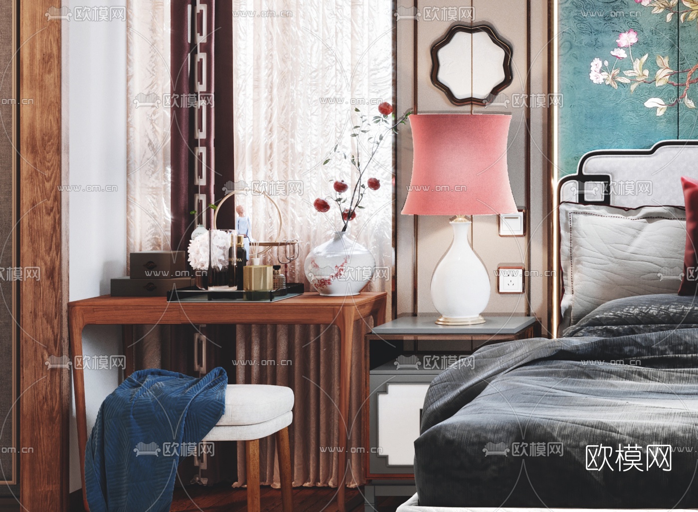 新中式主人房卧室3d模型下载（渲染图6）