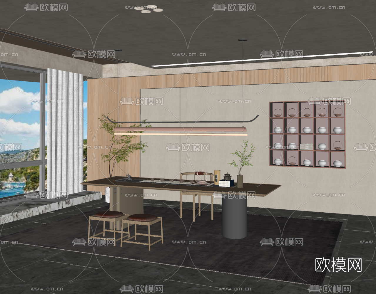 新中式茶室su模型下载（渲染图2）