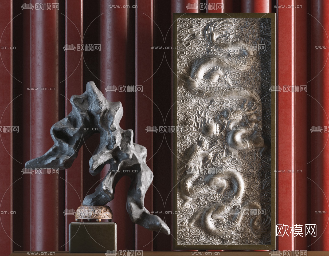 新中式双龙戏珠浮雕雕塑摆件3d模型