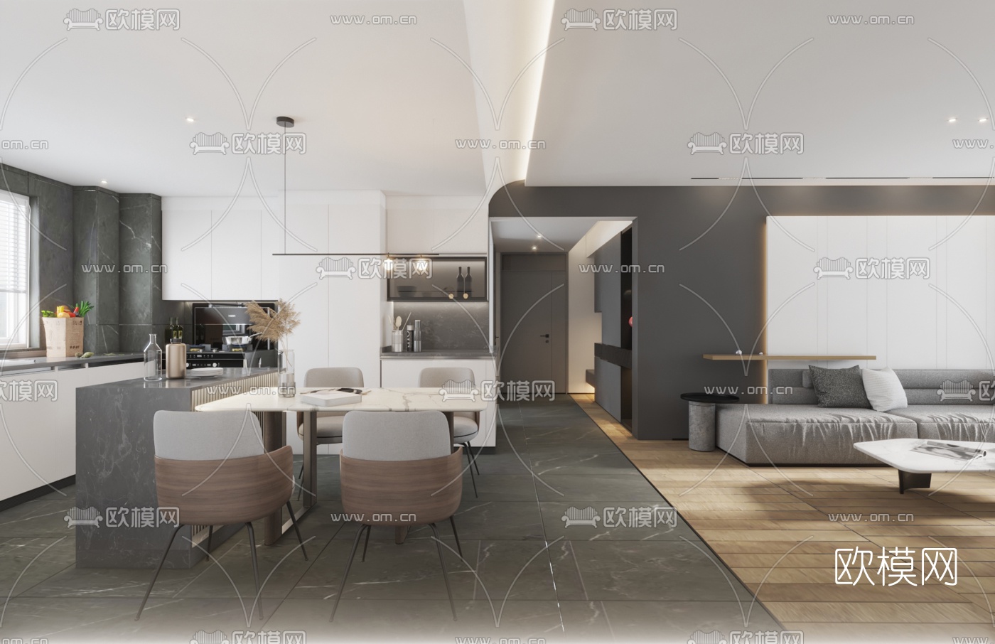现代极简客厅餐厅3d模型