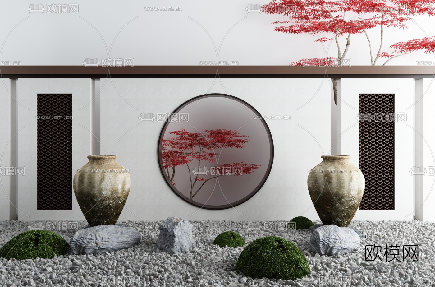 新中式庭院陶罐红枫树景观小品3d模型下载
