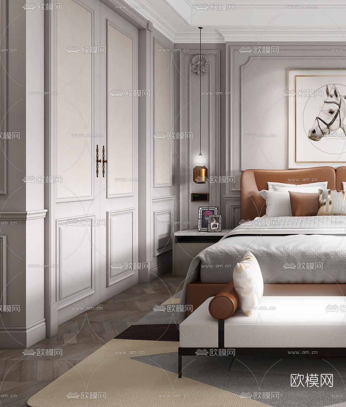 简欧轻奢卧室3d模型下载（渲染图3）