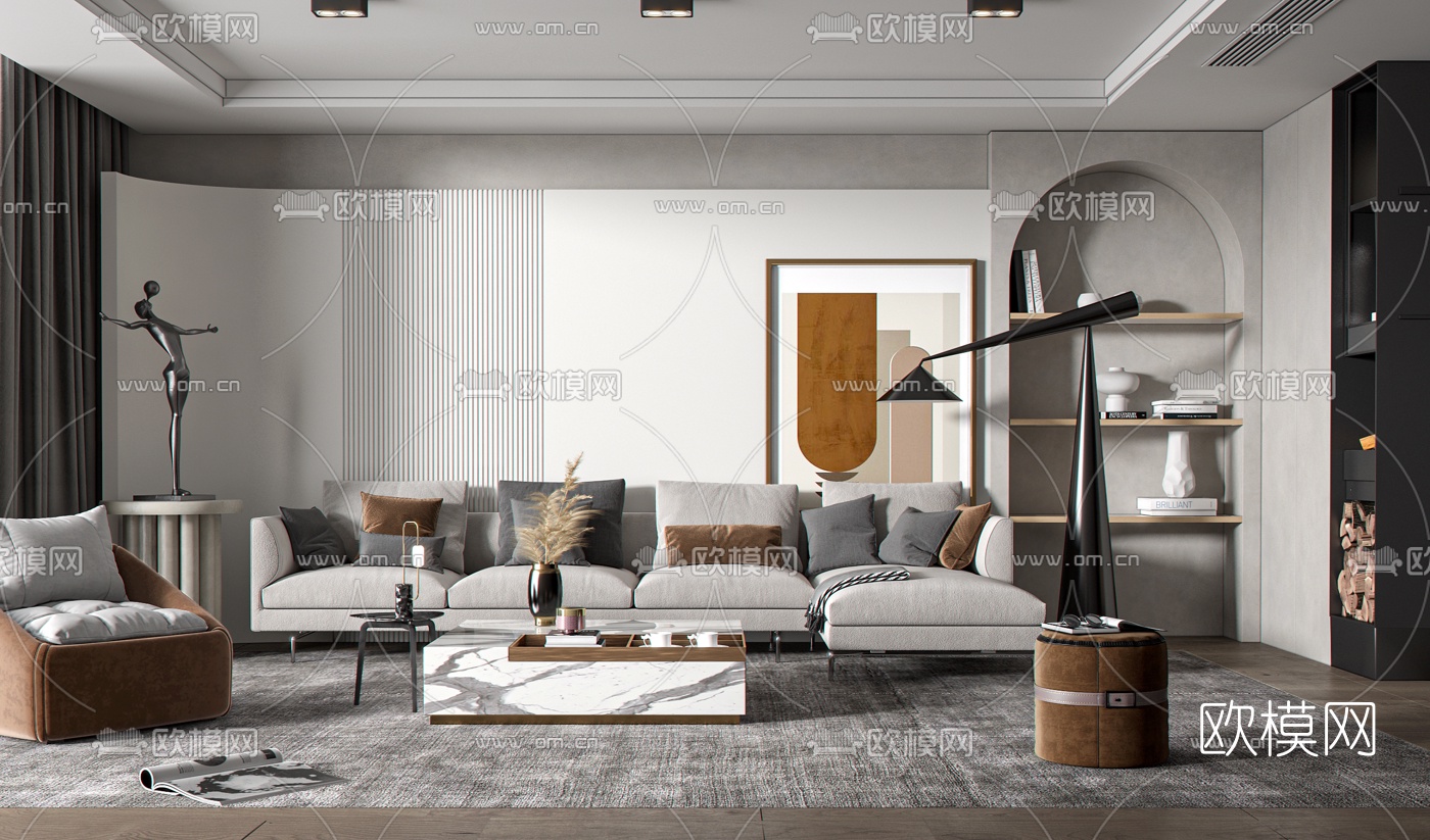 现代布艺转角沙发组合3d模型下载