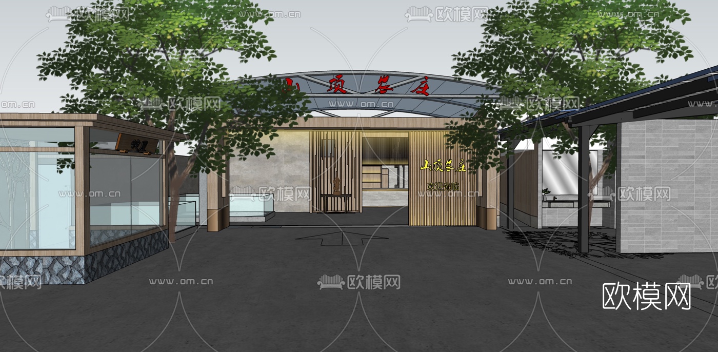 新中式中餐厅农家乐山庄su模型下载（渲染图3）