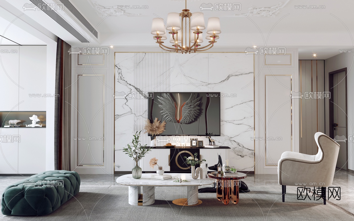 简欧轻奢客厅餐厅3d模型