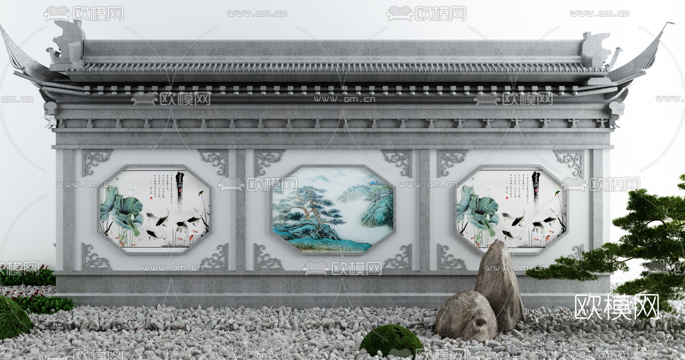 新中式庭院景墙小品3d模型下载