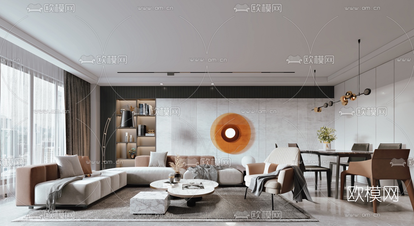 现代客厅餐厅3d模型下载