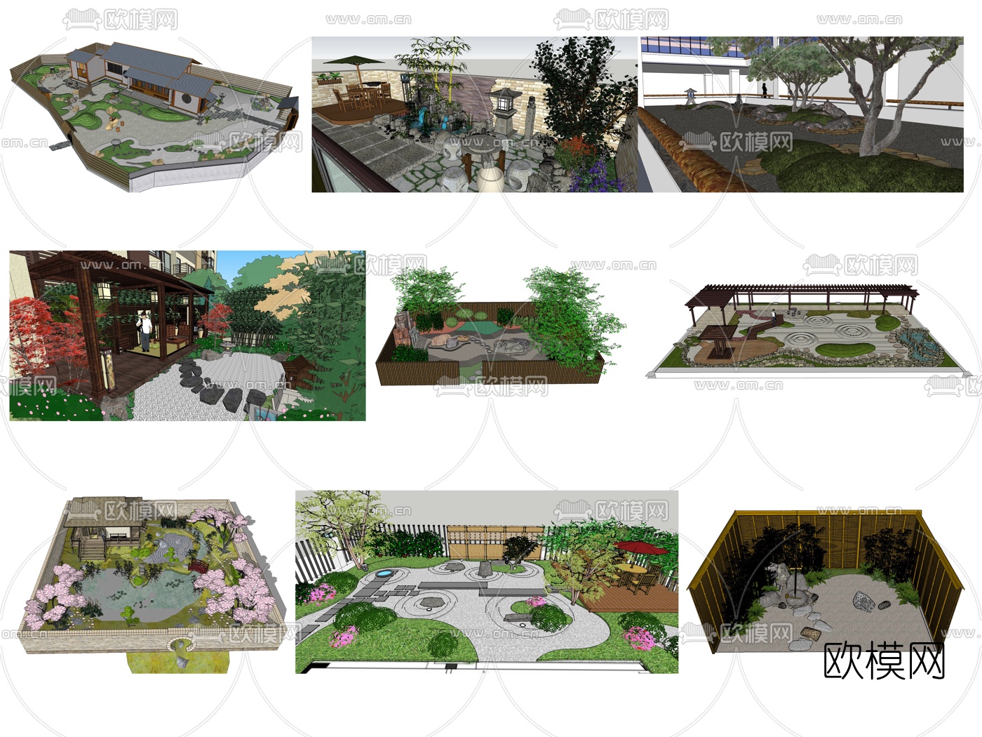 新中式别墅庭院景观su模型下载（渲染图1）