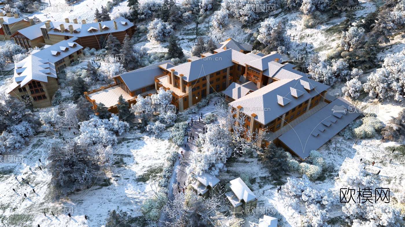 美式度假酒店外观雪景3d模型下载
