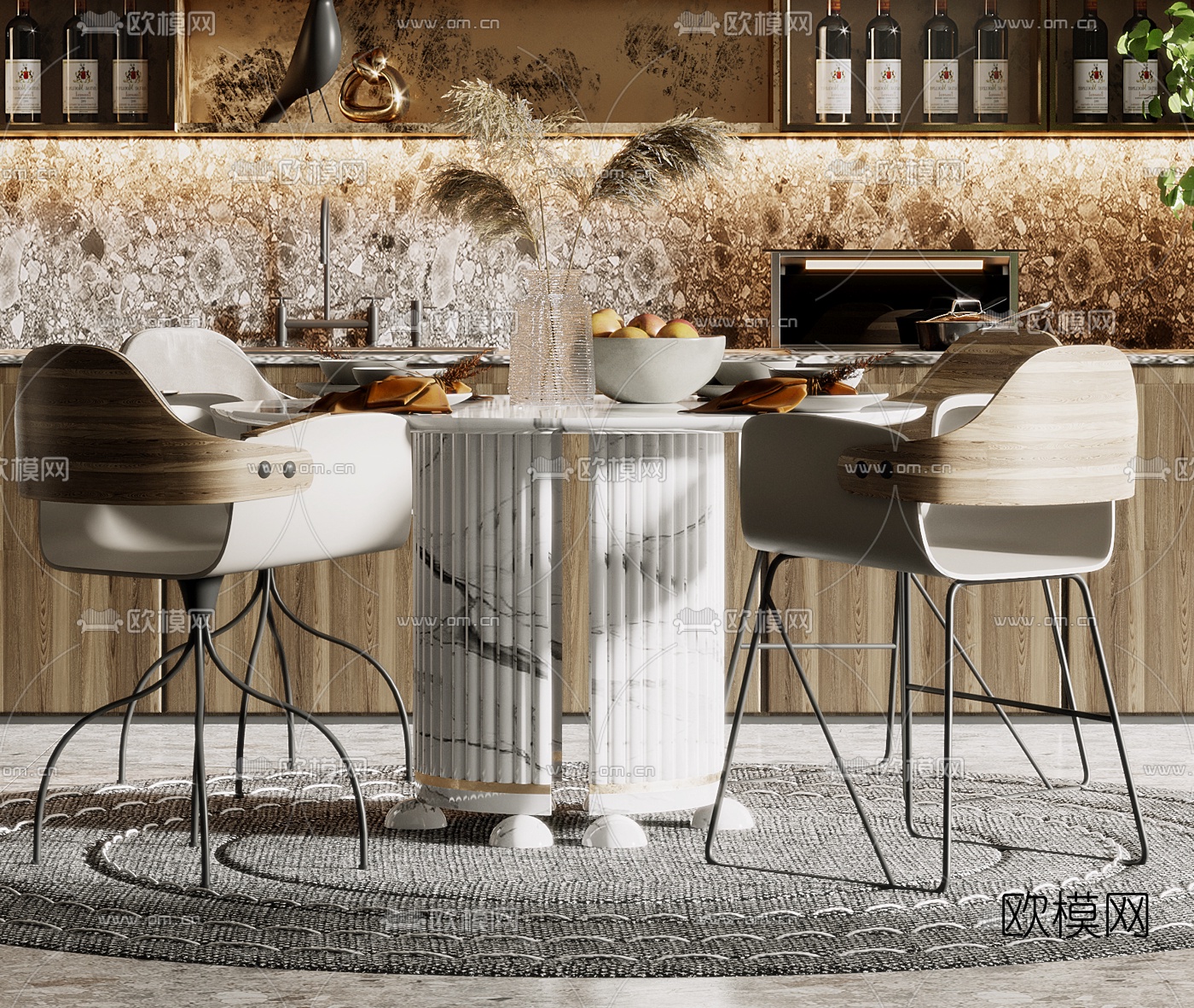 现代大理石圆形餐桌椅3d模型下载（渲染图3）
