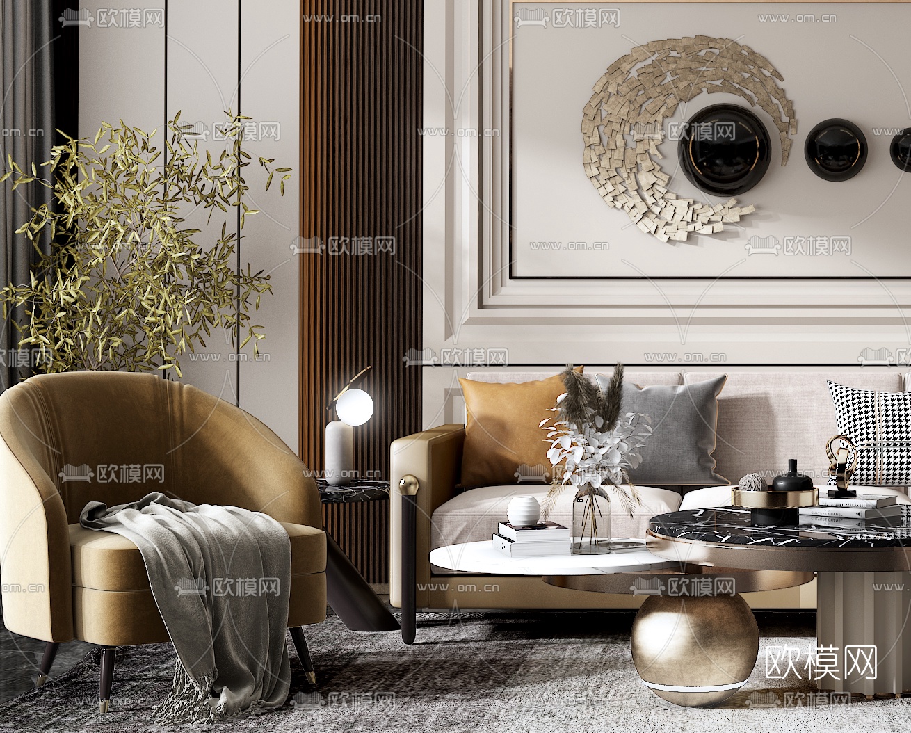 现代布艺沙发组合3d模型下载（渲染图2）