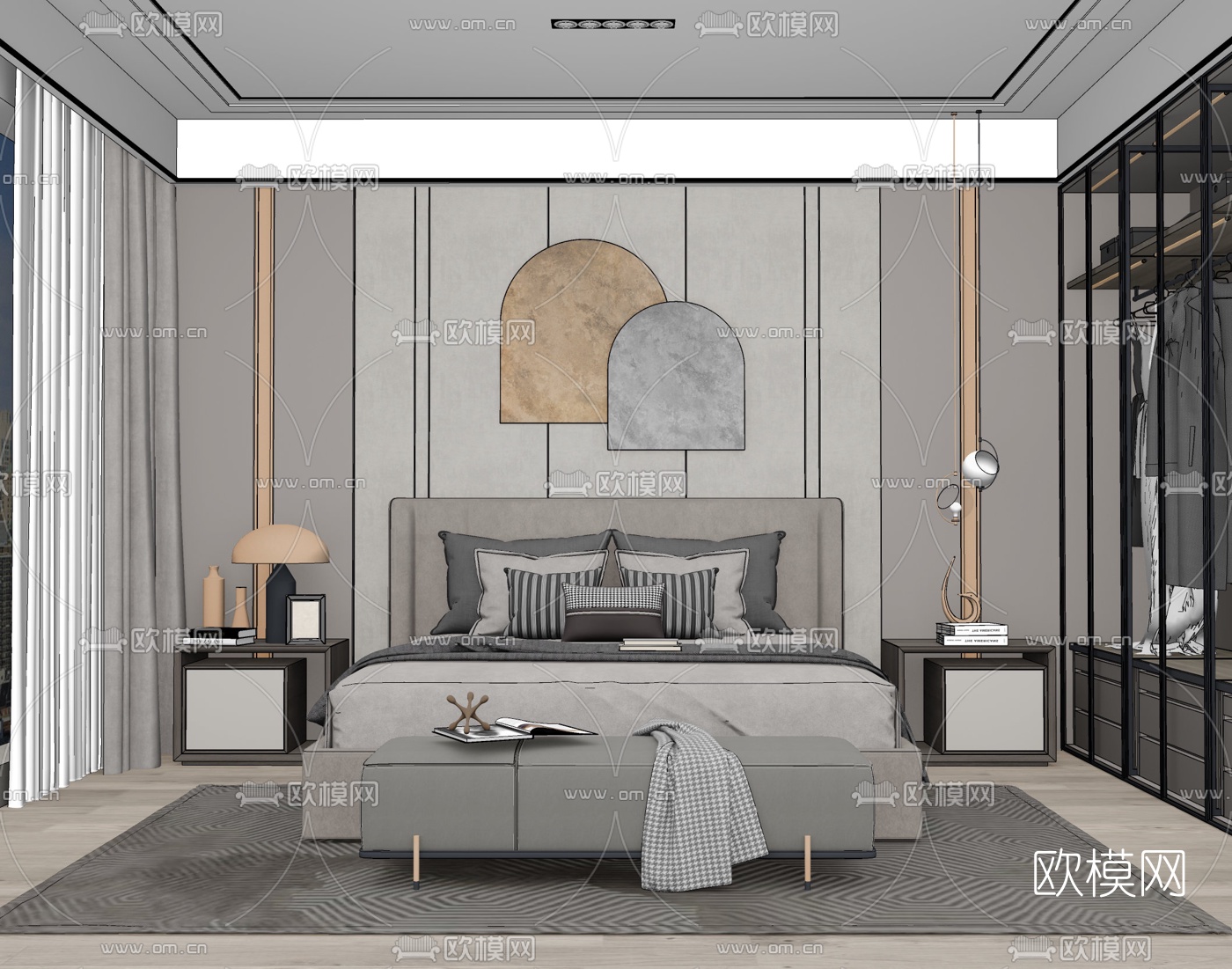 现代布艺双人床su模型下载（渲染图2）