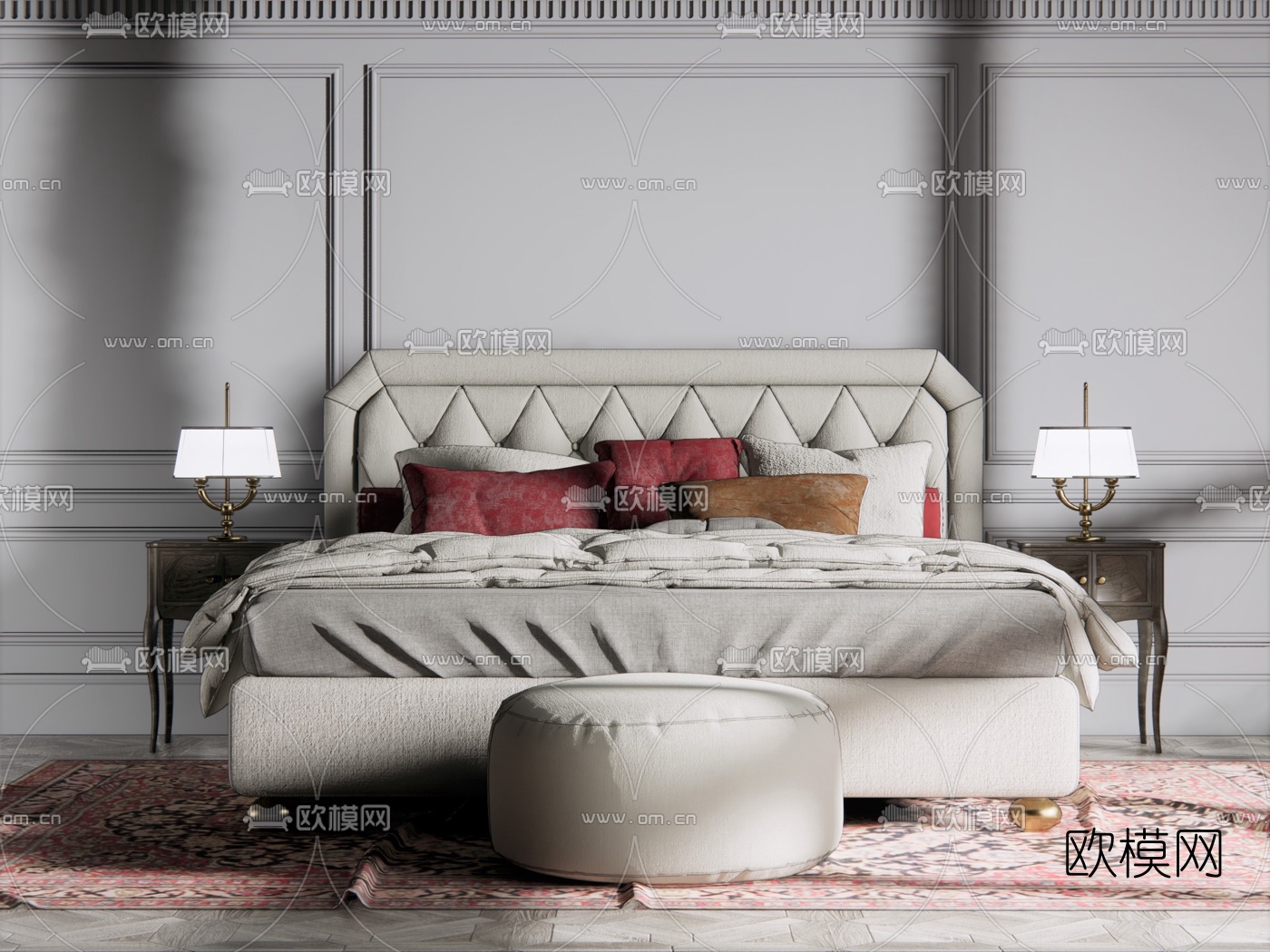 简欧布艺双人床su模型下载（渲染图1）