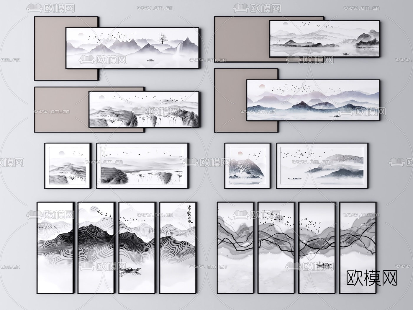 新中式山水装饰画3d模型