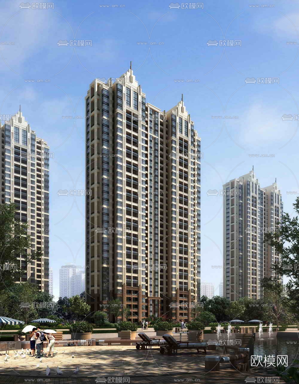 新古典超高层公寓楼外观su模型下载（渲染图1）