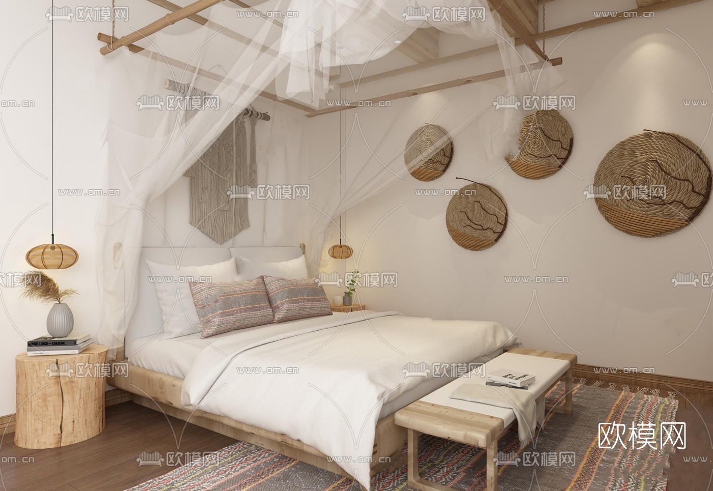 自然风民宿原木双人床su模型下载（渲染图1）