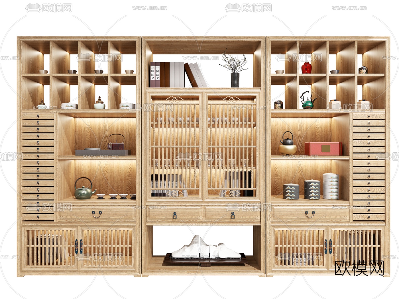 新中式实木博古架3d模型下载（渲染图1）