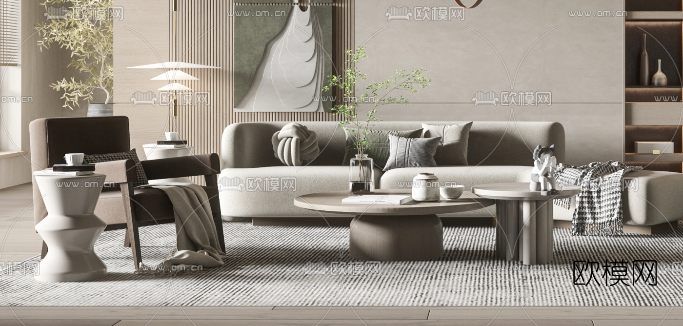 现代布艺沙发组合3d模型下载（渲染图2）