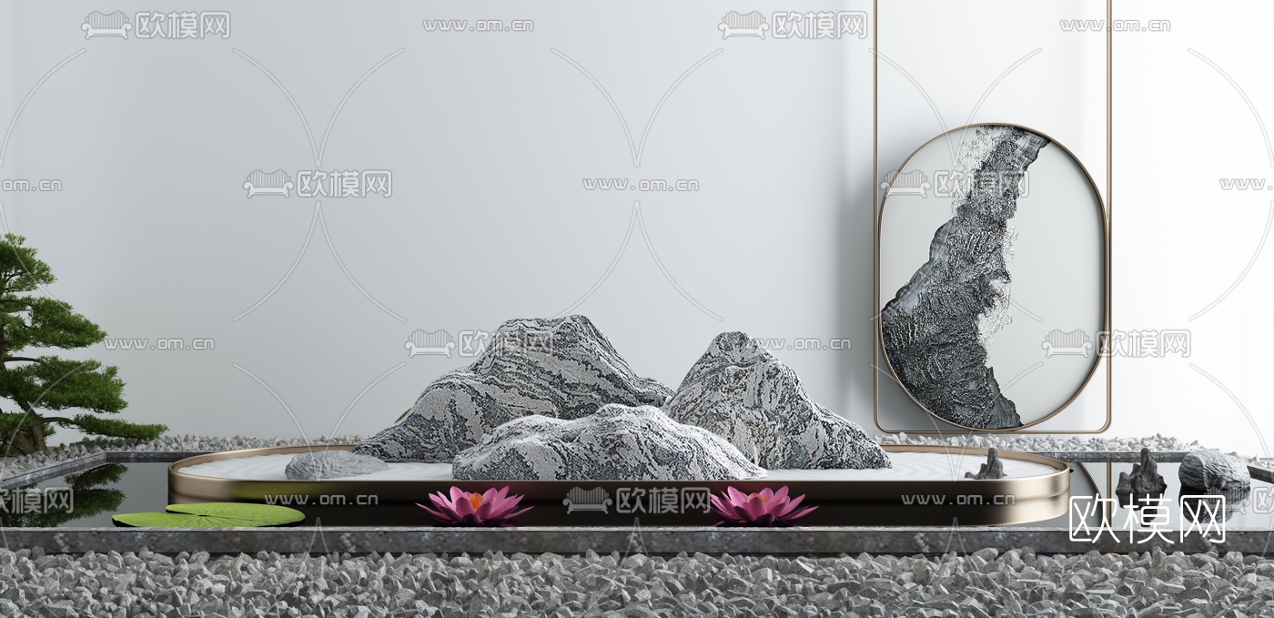 新中式假山荷花荷叶水景小品3d模型下载
