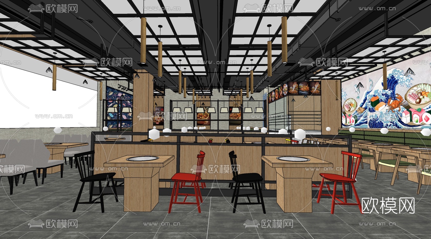 工业风海鲜自助餐厅su模型
