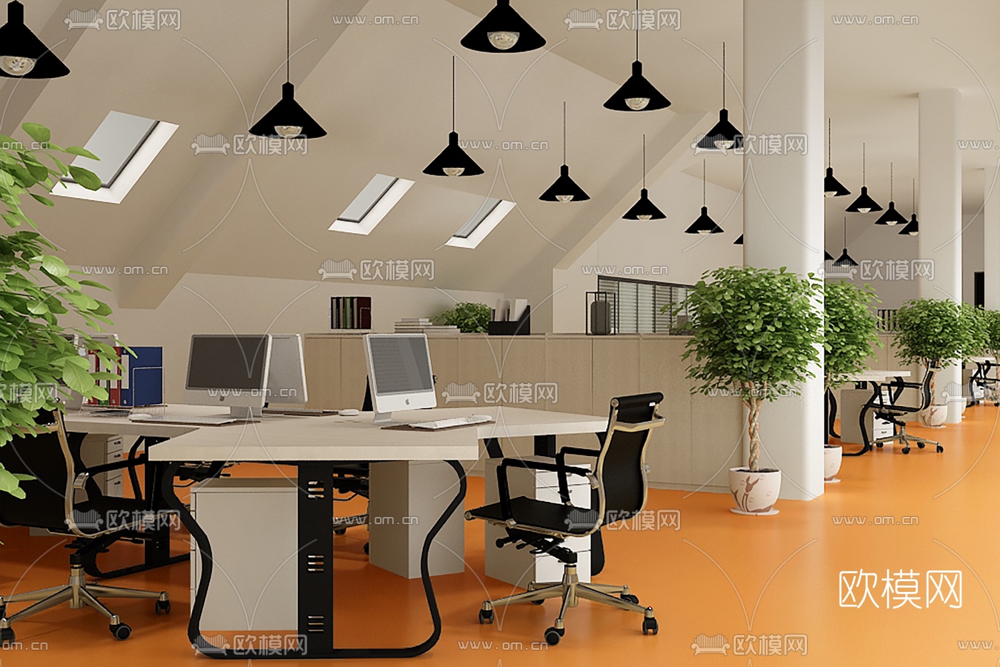 现代敞开式办公室免费3d模型下载（渲染图1）
