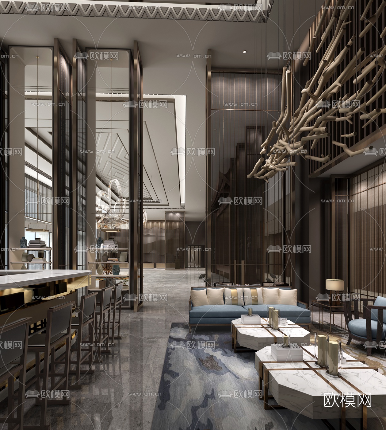 新中式酒店大堂吧休息区3d模型