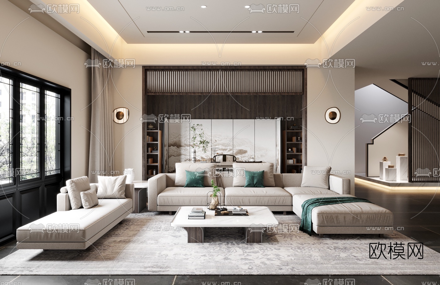 新中式布艺转角沙发组合3d模型下载（渲染图1）