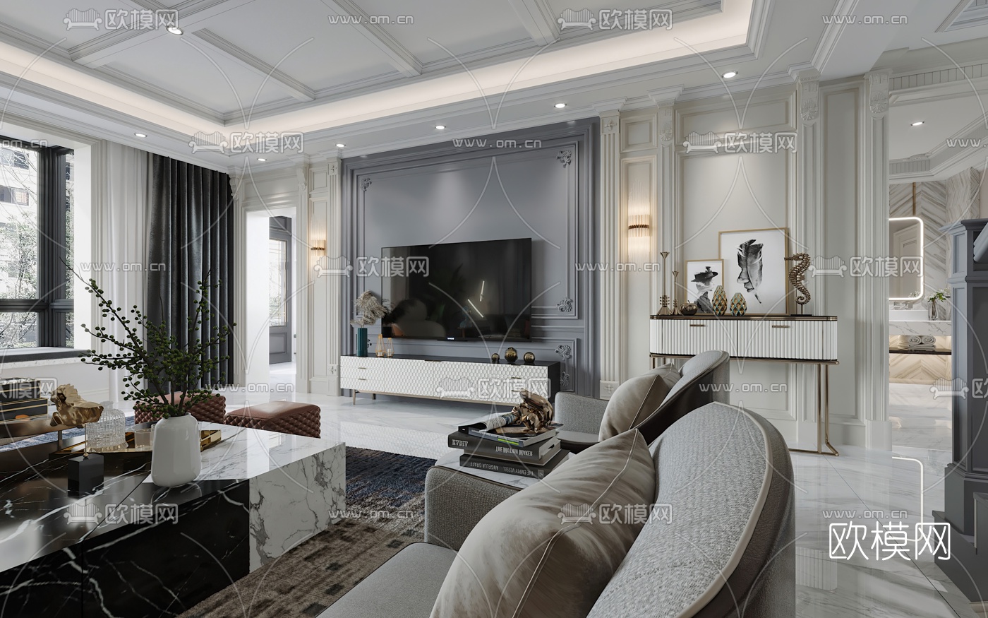 简欧轻奢客厅餐厅3d模型下载（渲染图2）