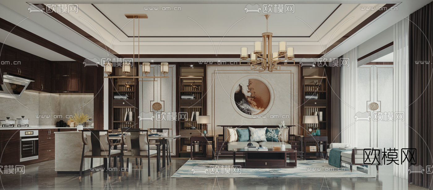 新中式客厅餐厅3d模型