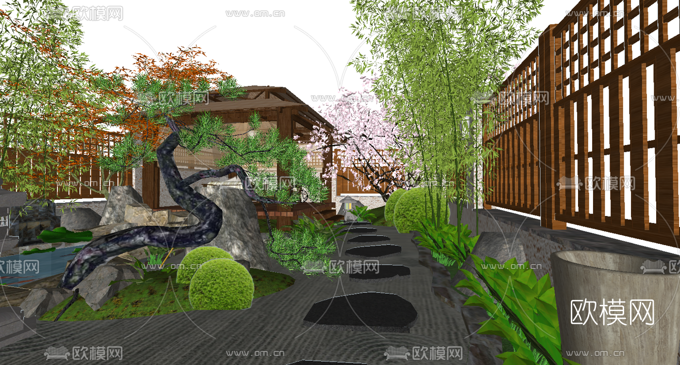 日式别墅庭院景观su模型下载（渲染图3）