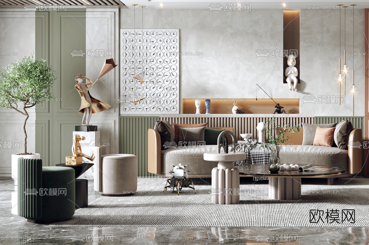 现代轻奢布艺沙发组合3d模型下载（渲染图2）