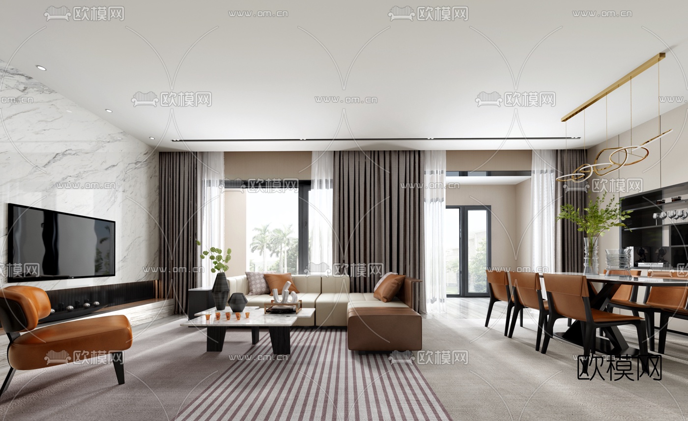 昊泽空间设计 现代复式客厅餐厅3d模型下载（渲染图1）