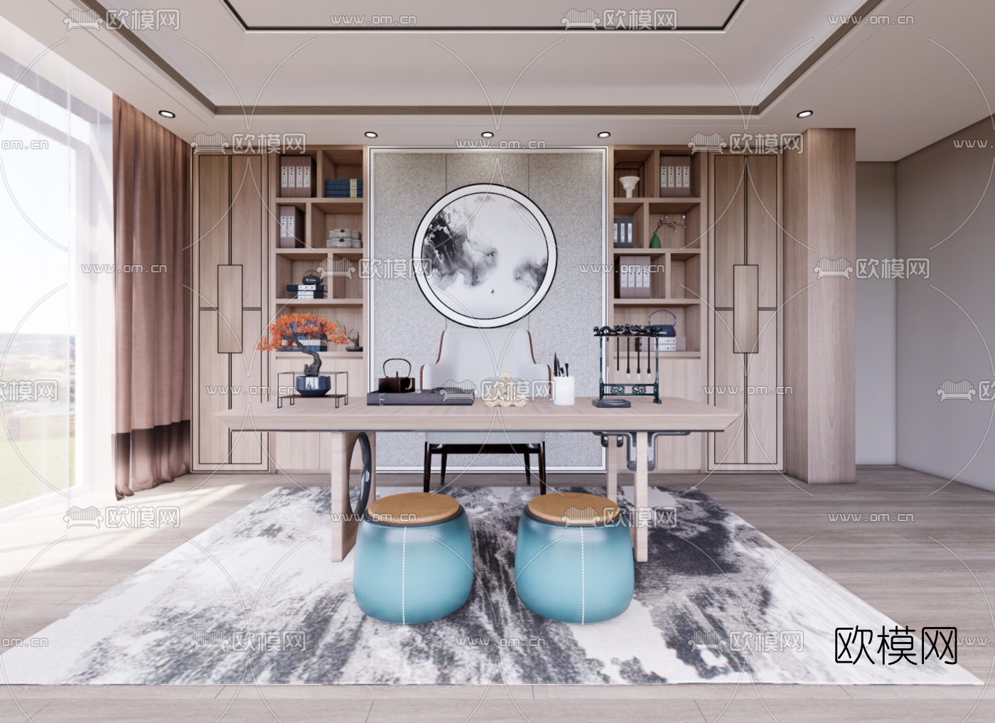 新中式书房su模型下载（渲染图2）