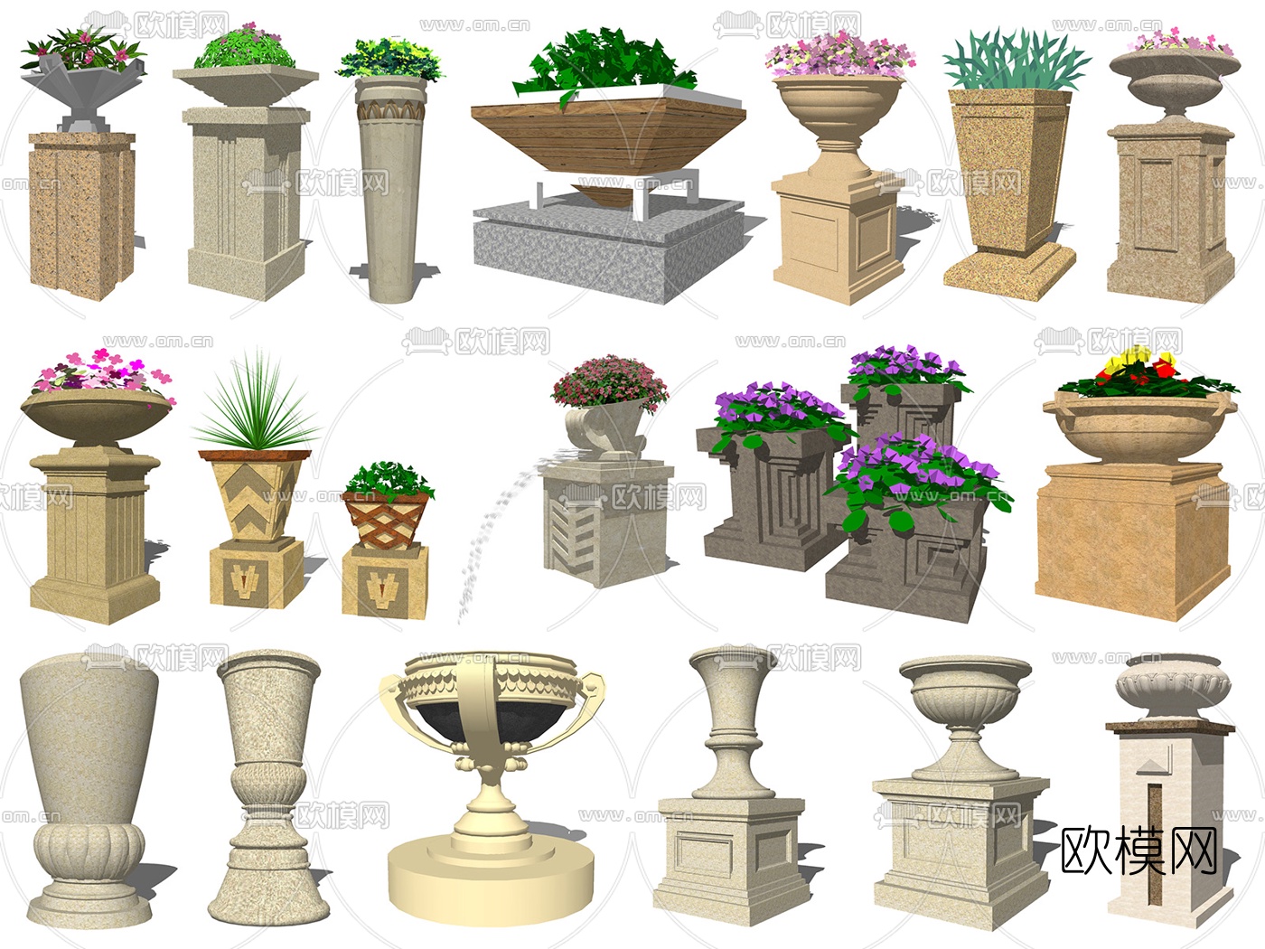 欧式花坛花钵花柱花盆su模型-免费3dmax模型库-欧模网