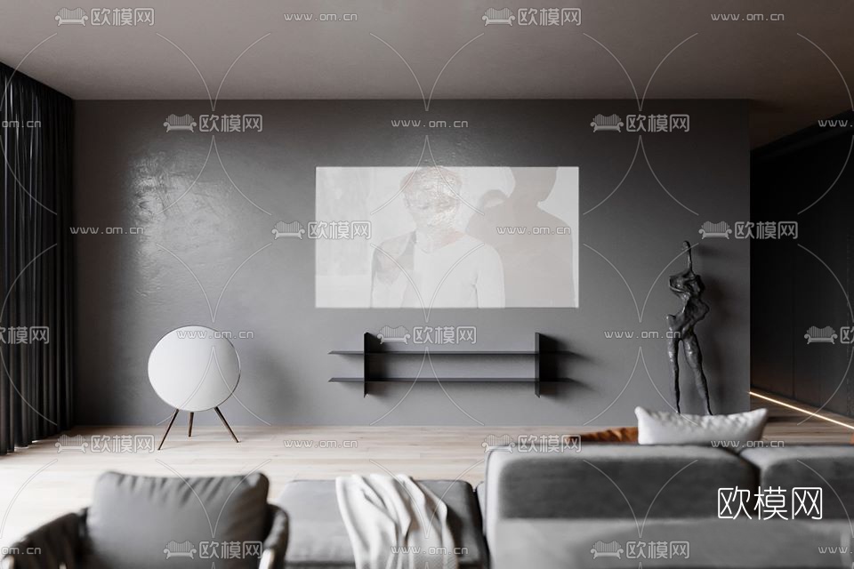 现代高级灰客厅餐厅3d模型