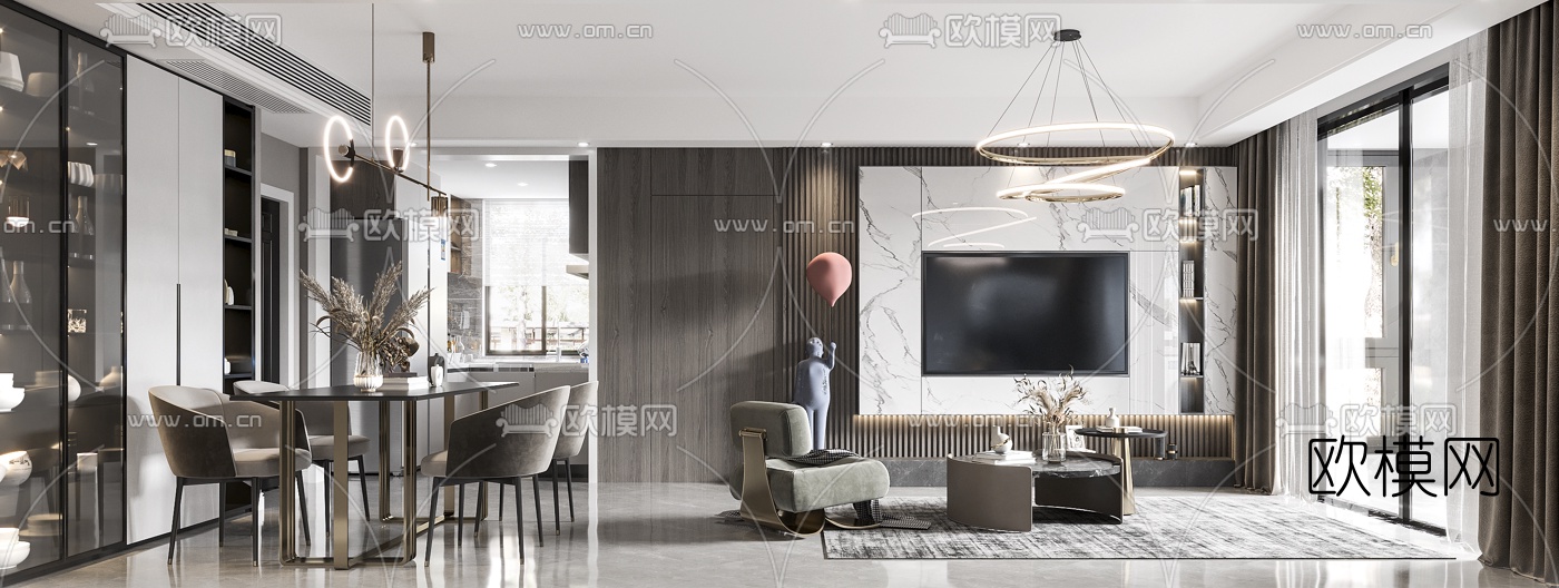 现代高级灰客厅餐厅3d模型下载（渲染图2）