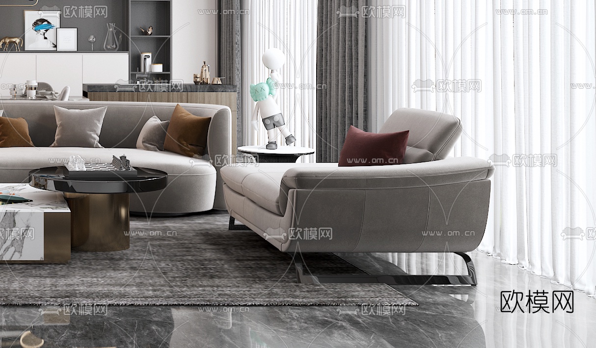 现代客厅餐厅3d模型下载（渲染图4）