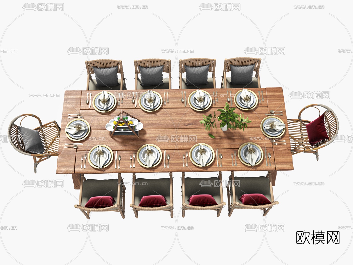 自然风原木方形餐桌椅3d模型下载（渲染图3）