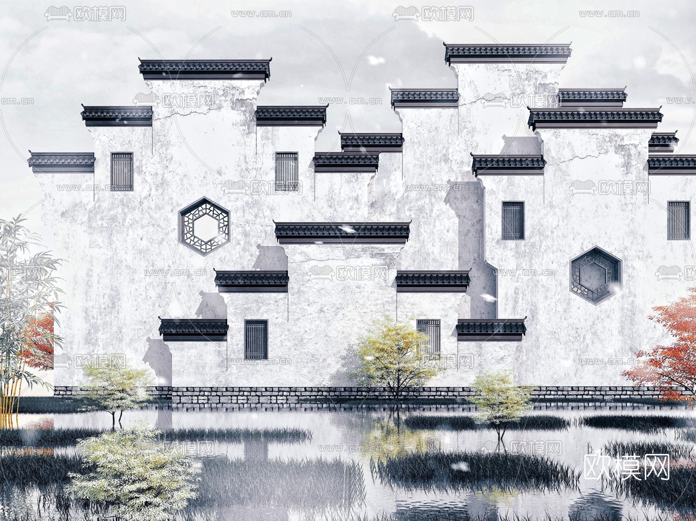 中式马头墙景观墙3d模型
