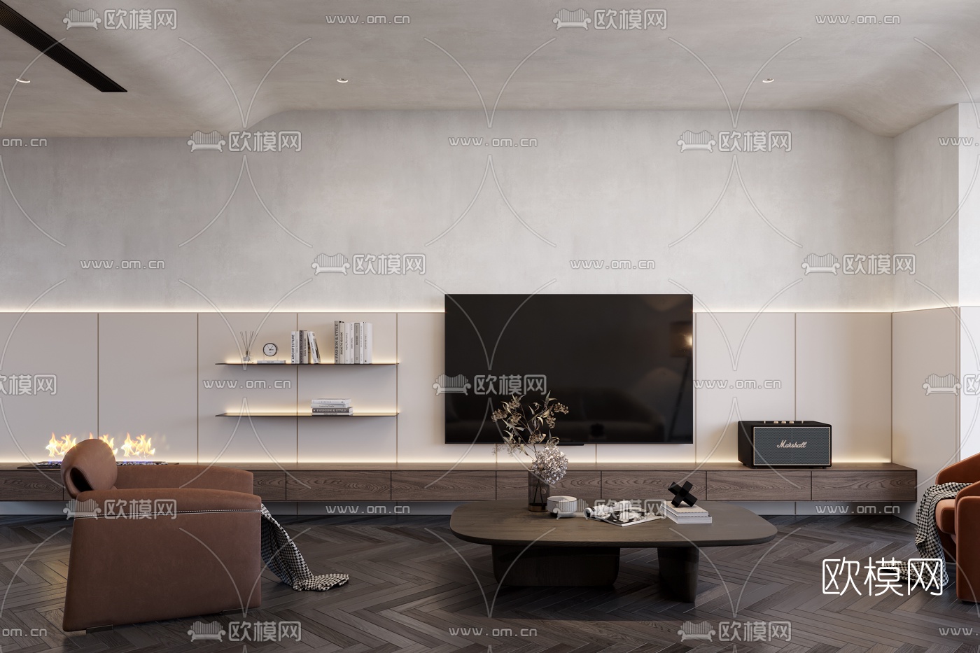 现代高级灰客厅餐厅3d模型