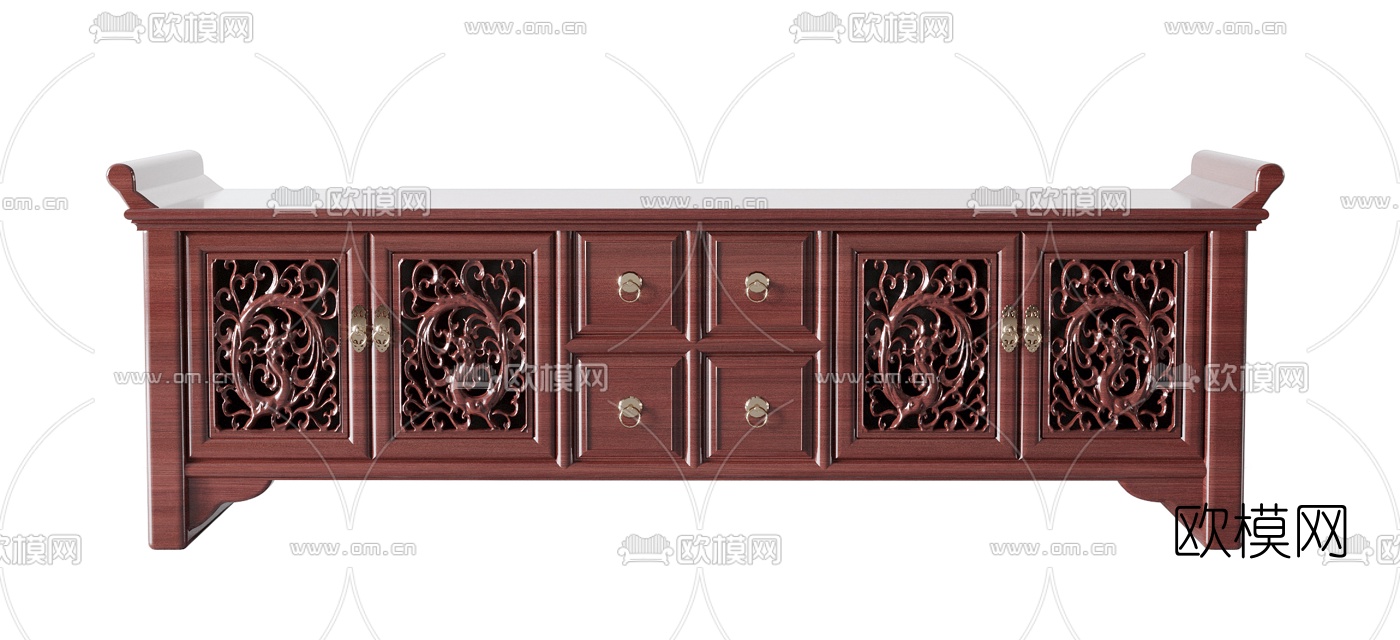 中式红木雕花电视柜3d模型下载（渲染图2）